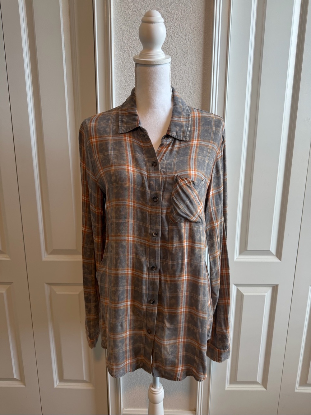 Plaid Button-Up Shirt - Gray & Orange
